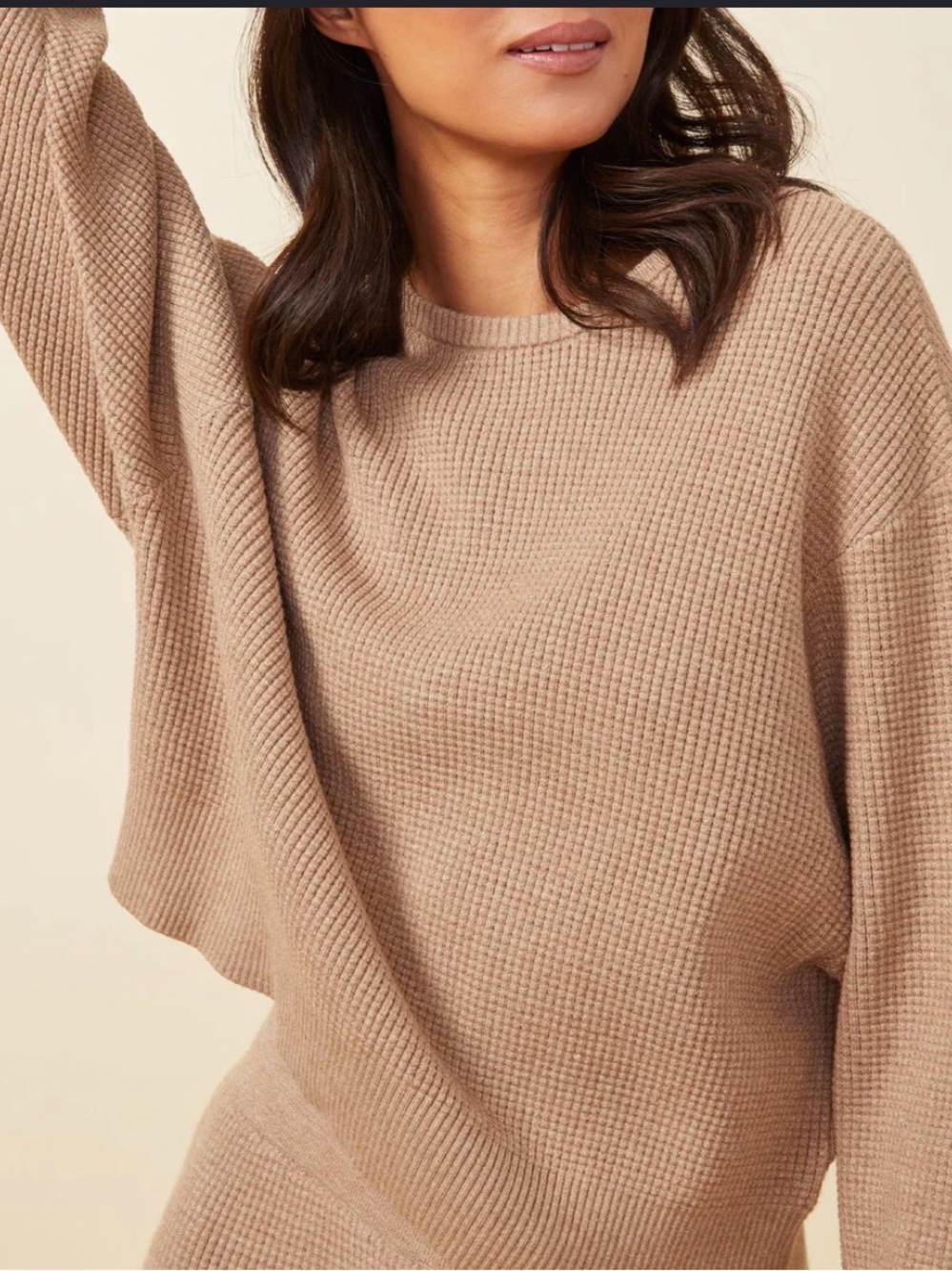 Monrow Waffle-Knit Crewneck Sweater in Camel